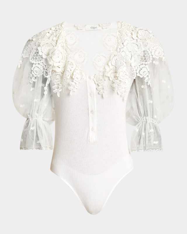 Puff-Sleeve Guipure Lace Bodysuit